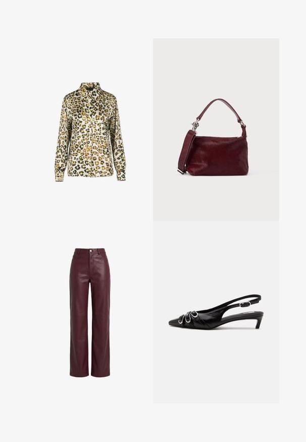 Bluse med leopardprint, kraveudskæring, lange ærmer og knaplukning foran. Stoffet har en glat og skinnende tekstur.; Bukser med høj talje og lige ben i mørk burgundy kunstlæder med forreste knap- og lynlåslukning, sidelommer og bæltestropper.; Sort læder slingback sko med spids tå, tre sølvspænder på forsiden og lav lille hæl på hvid baggrund.; Lille rektangulær burgunderfarvet håndtaske med tekstureret finish, kort hank og aftagelig skulderrem på en ensartet lys baggrund.