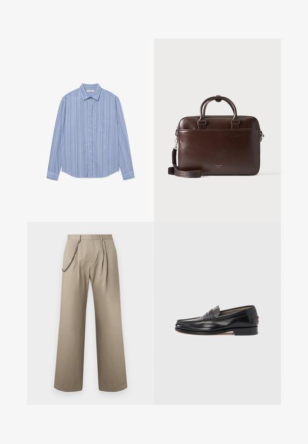 Langarm-Hemd in Hellblau mit vertikalen Streifen. Verfügt über einen spitzen Kragen und eine Brusttasche. Hergestellt aus einem glatten Stoff.; Beige Hosen mit weitem Bein, vorderen Falten und einer Metallkette, die aus Stilgründen an der linken Gürtelschlaufe befestigt ist.; Schwarze Leder-Loafer mit Mokassin-Design, verziert mit einem dekorativen Band und Steppnähten am Obermaterial. Niedriger Blockabsatz.; Dunkelbraune Leder-Aktentasche mit doppelten Griffen und abnehmbarem Schulterriemen, rechteckige Form, glatte Textur und Vordertasche.