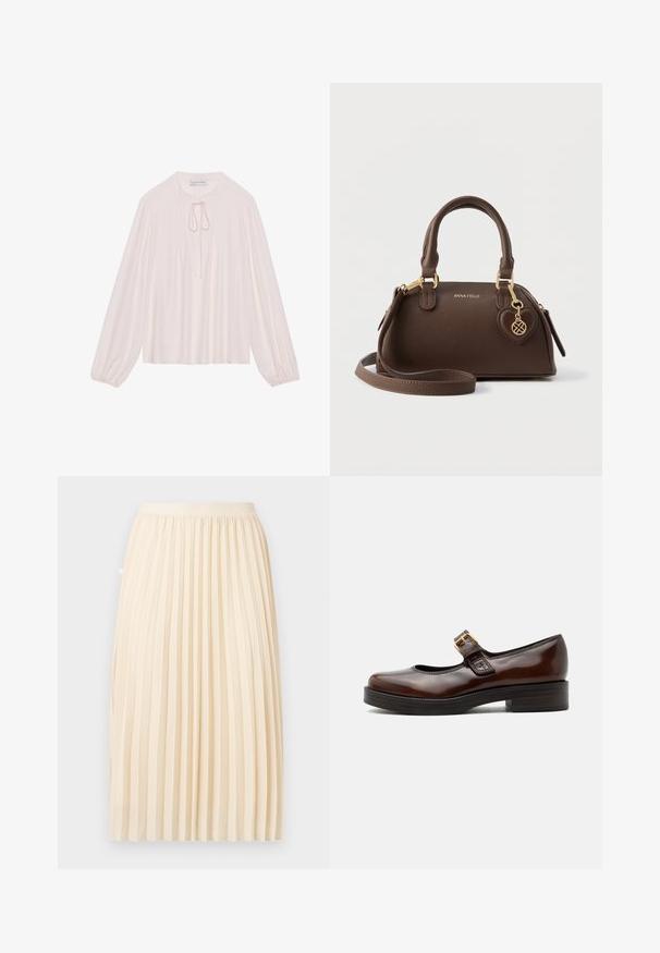 Lichtroze blouse met lange mouwen, een keyhole halslijn met strik, geplooide voorkant en bijeengebonden manchetten. Glad materiaal, losse pasvorm en minimalistisch ontwerp.; Roomkleurige geplooide midi-rok met een aansluitende tailleband, recht hangend tegen een effen achtergrond.; Donkerbruine Mary Jane-schoen met glanzende afwerking, afgeronde neus, lage blokhak en gouden gesp over de wreef.; Bruine synthetische handtas met een afgeronde vorm, dubbele bovenhandvatten en afneembare schouderriem. Voorzien van gouden hardware en een hartvormige bedel.