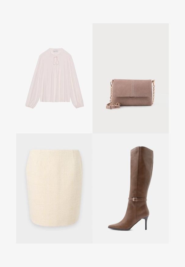 Lichtroze blouse met lange mouwen, een keyhole halslijn met strik, geplooide voorkant en bijeengebonden manchetten. Glad materiaal, losse pasvorm en minimalistisch ontwerp.; Geweven crèmekleurige kokerrok met een geweven structuur, met een recht silhouet en subtiele verticale lijnen overal.; Bruine leren kniehoge laarzen met een puntige neus, taps toelopend ontwerp en een mid-height stiletto hak. Bevat een decoratieve band en gesp.; Suède crossbodytas in licht taupe, met een overslagklep, een gouden kettingbandje en een steekzak met minimale stikdetails.