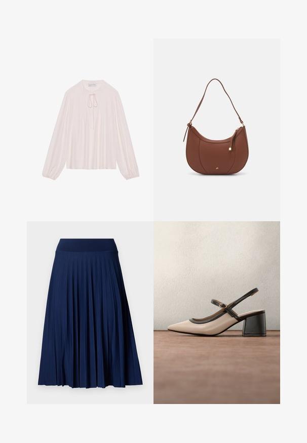 Blusa de manga larga rosa claro con cuello en forma de llave, lazo al cuello, parte delantera con pliegues y puños fruncidos. Tejido suave, corte relajado y diseño minimalista.; Falda plisada de color azul marino con una cinturilla ancha, hecha de una tela suave. Presenta pliegues verticales y llega hasta la mitad de la pantorrilla.; Zapato beige de tacón alto con tira trasera, puntera puntiaguda, ribete negro y detalle de hebilla. Material liso con acabado mate y tacón medio tipo bloque.; Bolso de hombro de imitación cuero marrón con forma curva, costura mínima y un acento de hardware en tono dorado. Presenta un cierre de cremallera en la parte superior y una correa ajustable.