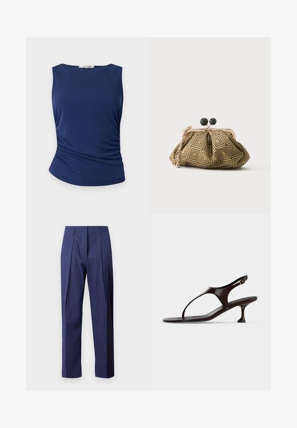 Haut sans manches bleu marine en tissu lisse et extensible. Présente des détails froncés sur les côtés et un ourlet arrondi pour une silhouette ajustée.; Pantalon bleu marine en tissu léger, avec une coupe droite, des plis à l'avant et une texture lisse.; Sandale slingback en cuir verni marron foncé avec petit talon et bride entre les orteils sur fond blanc.; Petite pochette avec motif géométrique doré et noir, cadre en métal doré, fermeture à boule noire et une courte chaîne dorée.