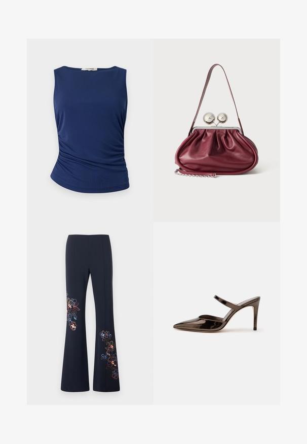 Haut sans manches bleu marine en tissu lisse et extensible. Présente des détails froncés sur les côtés et un ourlet arrondi pour une silhouette ajustée.; Pantalon évasé bleu marine avec broderie florale colorée sur la partie supérieure de la cuisse gauche et la partie inférieure de la jambe droite sur un fond clair.; Mule à talon haut marron foncé brillant à bout pointu avec une fine bride sur le coup de pied sur fond blanc uni.; Petit sac à main en cuir bordeaux avec des détails froncés, une fine bandoulière et une fermeture argentée comportant deux gros boutons ronds.