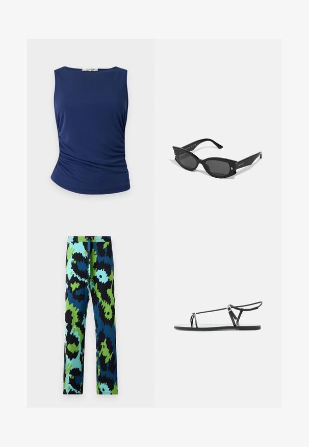 Haut sans manches bleu marine en tissu lisse et extensible. Présente des détails froncés sur les côtés et un ourlet arrondi pour une silhouette ajustée.; Pantalons multicolores présentant un motif abstrait saisissant en noir, bleu et vert. Fabriqués en tissu lisse avec une taille à cordon.; Sandale plate noire avec fines lanières, une boucle pour les orteils et une boucle de cheville ajustable sur un fond gris clair.; Lunettes de soleil noires en forme de chat avec des montures épaisses, des verres gris et de petits accents décoratifs en métal. Matériau plastique lisse, design angulaire.