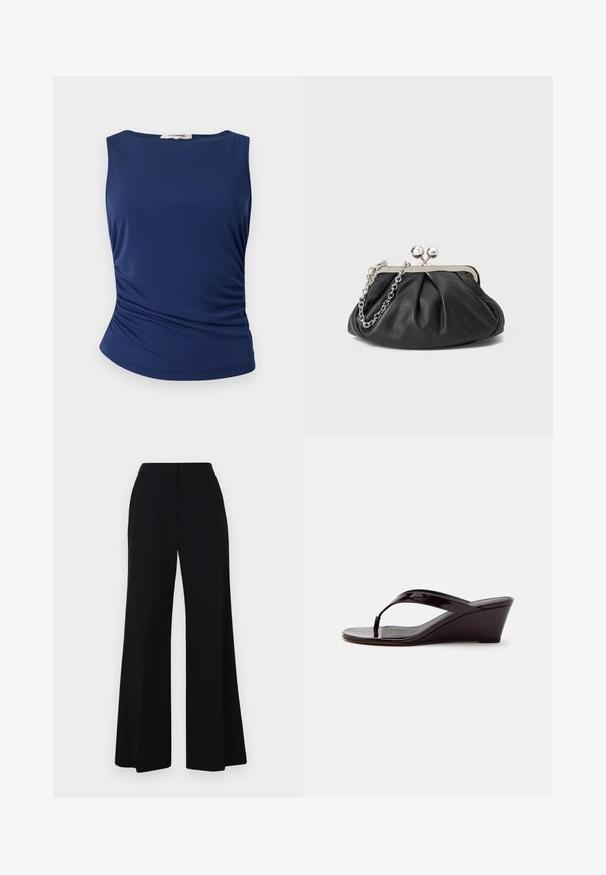 Haut sans manches bleu marine en tissu lisse et extensible. Présente des détails froncés sur les côtés et un ourlet arrondi pour une silhouette ajustée.; Pantalon large noir avec une taille haute, tissu lisse et lignes épurées. Pas de matériel visible ni de motifs.; Sandale compensée en cuir verni marron avec bride entre les orteils et bout ouvert, vue de profil sur un fond uni.; Porte-monnaie en cuir noir avec texture froncée, cadre en métal argenté, fermeture à verrouillage kiss-lock et bandoulière en chaîne. Surface lisse et douce.