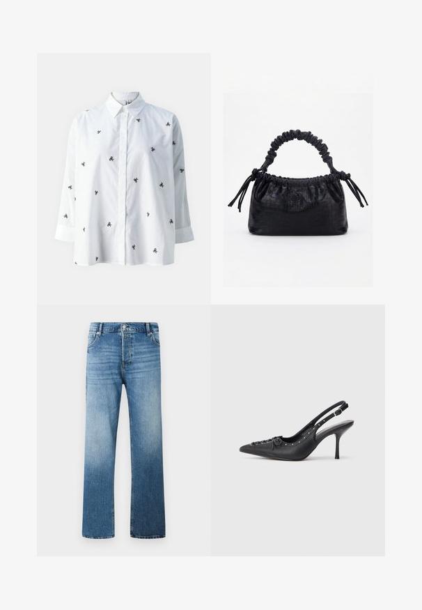 ONLY ONLNEW LINA GRACE LS EMB SHIRT NOOS WVN - Nööpidega pluus - bright white/black; Heledad sinine denim teksad otse sääre kujundusega, millel on järkjärguline kulumine, viis taskut ja ees nööpide sulgemine.; Must musta sanga kaelaga stilettod, terav nina, külgse pandla rihm, nurgas nublud ja dekoratiivne nöörimine ees.; Must käekott krokodillinaha tekstuuriga, voltis ülaservaga, kogutud sangaga ja kummipaeladega tutsidega igal küljel valgel taustal.