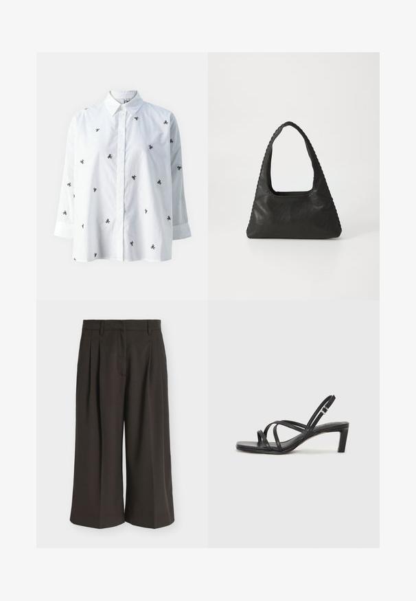 ONLY ONLNEW LINA GRACE LS EMB SHIRT NOOS WVN - Blusa - bright white/black; Pantalones de pierna ancha de color marrón oscuro con pliegues, trabillas para cinturón y cierre delantero de cremallera, mostrados sobre un fondo blanco liso.; Sandalia negra de tiras con punta cuadrada y tacón bajo de bloque. Presenta múltiples tiras delgadas y una correa ajustable en el tobillo. Fabricada en cuero suave.; Bolso de cuero negro con forma triangular, un gran asa recortada y costuras detalladas a lo largo de los bordes. Textura suave.