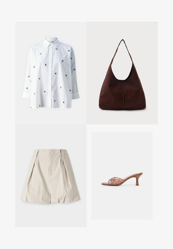 ONLY ONLNEW LINA GRACE LS EMB SHIRT NOOS WVN - Skjortebluser - bright white/black; Beige høj talje plisseret A-linje nederdel med bæltestropper, forreste søm og bred kant mod en ensfarvet hvid baggrund.; Brun åben-tå mule sandal med flettede overremme og en mellemhøj, buet hæl på en helt hvid baggrund.; Brun suedette hobo taske med en stor, buet åbning og en bred skulderrem. Har en centreret søm på forsiden. Glat tekstur.