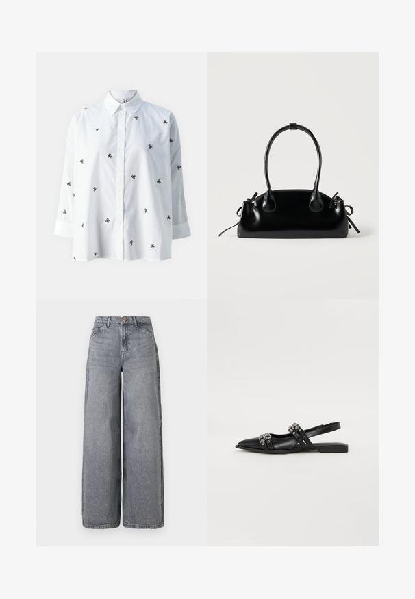 ONLY ONLNEW LINA GRACE LS EMB SHIRT NOOS WVN - Overhemdblouse - bright white/black; Wijde denim jeans in een vervaagde grijze was, met vijf zakken, een knoopsluiting en een zachte textuur met subtiele whiskerdetails.; Even&Odd by Zalando Slingback ballerina´s - black; Kleine zwarte glanzende handtas met twee lange hengsels en zijkant trekkoord details op een effen lichte achtergrond.