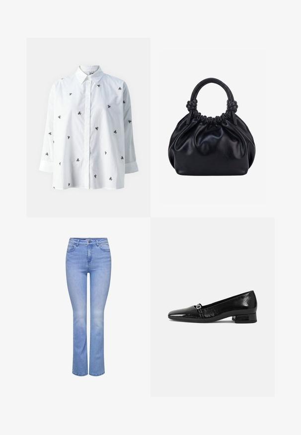 ONLY ONLNEW LINA GRACE LS EMB SHIRT NOOS WVN - Overhemdblouse - bright white/black; Lichtblauwe denim jeans met een aansluitende taille en flared benen. Beschikt over vijf zakken, een voorknopsluiting en subtiele vervaging.; Zwarte laarzen van gepatenteerd leer met een puntige neus, een lage vierkante hak en een kleine metalen gespdetail op de band. Gladde textuur.; Zwarte zachte leren handtas met geplooide bovenkant en twee dikke handvatten die in knopen zijn gestrikt tegen een effen lichte achtergrond.