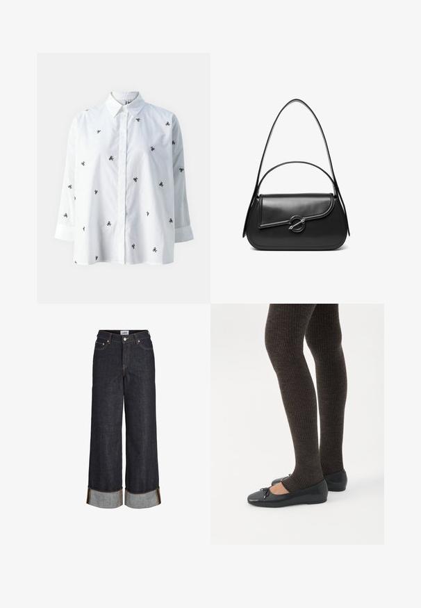 ONLY ONLNEW LINA GRACE LS EMB SHIRT NOOS WVN - Skjortebluser - bright white/black; Mørkeblå jeans med brede ben og opbuk ved kanterne, fem lommer og kontrastfuld gul syning.; Ben iført mørke ribbede leggings kombineret med sorte balletsko med små sløjfedetaljer på hvid baggrund.; Sort skuldertaske i læder med en buet klap, der er fastgjort med en rund metal spænde, og en slank, justerbar rem.