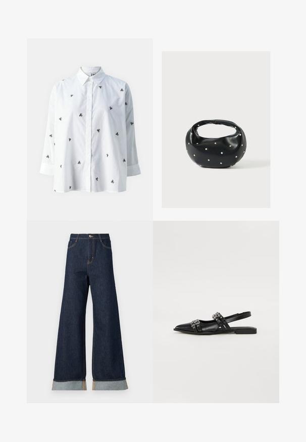ONLY ONLNEW LINA GRACE LS EMB SHIRT NOOS WVN - Blusa - bright white/black; Jeans de mezclilla oscuros de pierna ancha con costuras naranjas, con una cintura alta, dos bolsillos delanteros y puños enrollados que muestran una tela de contraste en azul claro.; Even&Odd Bailarinas con tira trasera - black; Bolso de mano de cuero negro con forma redondeada, decorado con detalles de tachuelas plateadas y un asa corta. Textura lisa y cierre con cremallera.