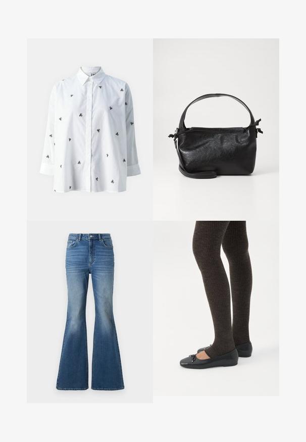 ONLY ONLNEW LINA GRACE LS EMB SHIRT NOOS WVN - Overhemdblouse - bright white/black; Hoggewaisted, uitlopende blauwe spijkerbroek met een vervaagde wassing, voorzien van twee achterzakken, een knoopsluiting en gestikte details op de naden.; Benen met donkere geribbelde leggings gecombineerd met zwarte ballerina's met kleine strikdetails op een witte achtergrond.; Zwarte leren handtas met een gestructureerd ontwerp, een ronde bovenhandgreep en een afneembare schouderriem. Beschikt over een gladde textuur en een subtiele glans.