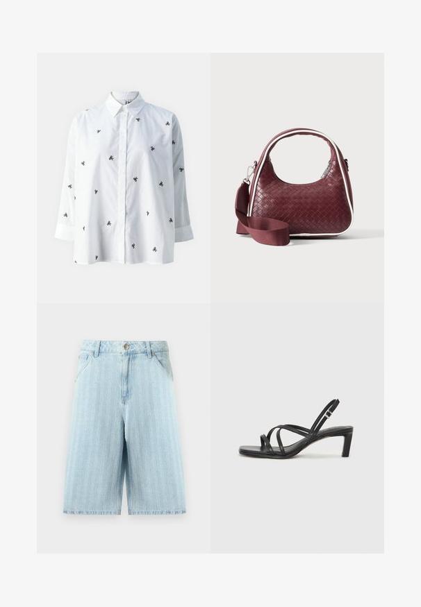 ONLY ONLNEW LINA GRACE LS EMB SHIRT NOOS WVN - Skjortebluser - bright white/black; Lyseblå denimshorts med lodrette hvide striber, forlommer, bæltestropper og lukning med metalknap.; Sort remsandale med firkantet tå og en lav blokeret hæl. Har flere tynde stropper og en justerbar ankelrem. Fremstillet af glat læder.; Mørkerød vævet lædertaske med buet hank, hvid kant, sølv lynlås og aftagelig bred stofskulderrem mod en ensfarvet baggrund.
