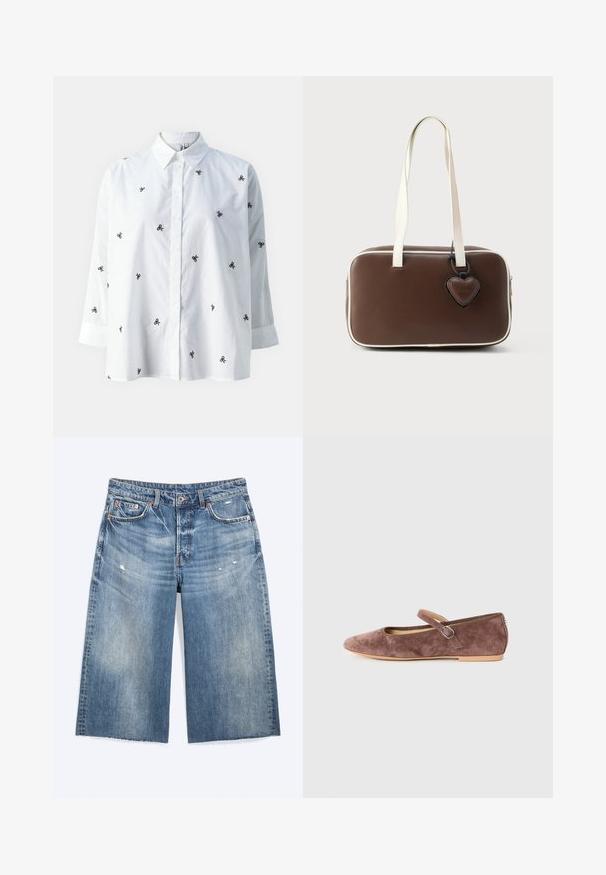 ONLY ONLNEW LINA GRACE LS EMB SHIRT NOOS WVN - Chemisier - bright white/black; Short en denim bleu longueur genou avec légère usure, poches avant, passants de ceinture et fermeture par bouton.; Chaussure plate Mary Jane en suède marron avec bout arrondi, strap ajustable et semelle beige clair sur un fond blanc.; Sac à main en similicuir marron avec bordure blanche, forme rectangulaire, poignées courtes et étiquette décorative en forme de cœur attachée.