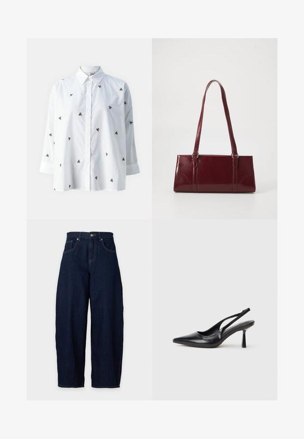 ONLY ONLNEW LINA GRACE LS EMB SHIRT NOOS WVN - Skjortebluser - bright white/black; Mørkeblå vidde cowboybukser med forreste knap- og lynlås lukning, bæltestropper og forlommer mod en lys baggrund.; Sort læderslagback højhælet sko med spids tå og slank hæl på en hvid baggrund.; Bordeaux håndtaske lavet af glansfuldt materiale, rektangulær form, med to skulderremme og subtile buede detaljer på forsiden.