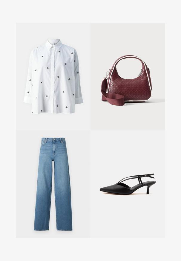 ONLY ONLNEW LINA GRACE LS EMB SHIRT NOOS WVN - Nööpidega pluus - bright white/black; Kõrge vöökohaga sinised teksapüksid laia säärega, ees nuppude ja tõmblukuga, klassikalise viie taskuga disain.; Mustast nahast, terava otsaga madala kontsaga kingad, õhukese pahkluu rihma ja pandlaga, slingback disainiga, ühevärvilisel heledal taustal.; Väike bordoopunutud nahkkäekott kumerate käepidemete, valgete äärte, hõbedase tõmblukuga ja eemaldatava laiast kangast õlarihmaga lihtsa taustaga.