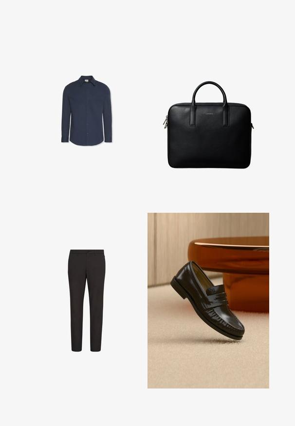 Marineblå langærmet skjorte med knapper, krave og manchetter, med et Calvin Klein-mærke inde i kraven.; Sorte bukser med et slankt design, lavet af glat stof, med knaplukning, bæltestropper og uden synlige mønstre eller detaljer.; Skinnende sort læderloafer med remdetalje, placeret på beige tæppe nær et rundt brunt sofabord i et blødt oplyst rum.; Sort tekstureret lædermappe med dobbelte håndtag og sølv lynlås, centreret på hvid baggrund.