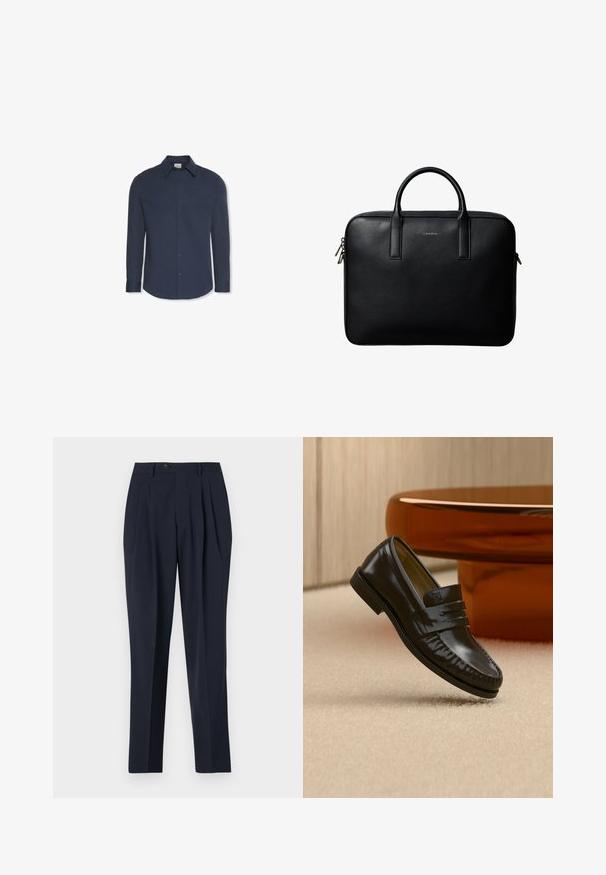 Camisa azul marino de manga larga con botones, cuello y puños, con una etiqueta de Calvin Klein dentro del cuello.; Pantalones de marine con cintura alta, frente plisado y cierre de botón único. La tela parece suave con un ajuste entallado y un diseño de pierna recta.; Mocasín de cuero negro brillante con detalle de correa, colocado sobre una alfombra beige cerca de una mesa de café redonda marrón en una habitación con iluminación suave.; Maletín de cuero negro texturizado con doble asa y tiradores de cremallera plateados, centrado sobre fondo blanco.