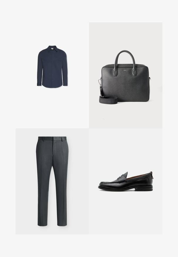 Camisa azul marino de manga larga con botones, cuello y puños, con una etiqueta de Calvin Klein dentro del cuello.; Pantalones formales de color gris oscuro con trabillas para cinturón y líneas de pliegue, exhibidos sobre un fondo claro y liso.; Mocasín de hombre de piel negra con costura moc toe, tira penny, cuello texturizado y tacón bajo apilado sobre fondo blanco.; Maletín de cuero negro con dos asas superiores, correa de hombro desmontable y pequeño logo BOSS en el centro delantero sobre fondo liso.