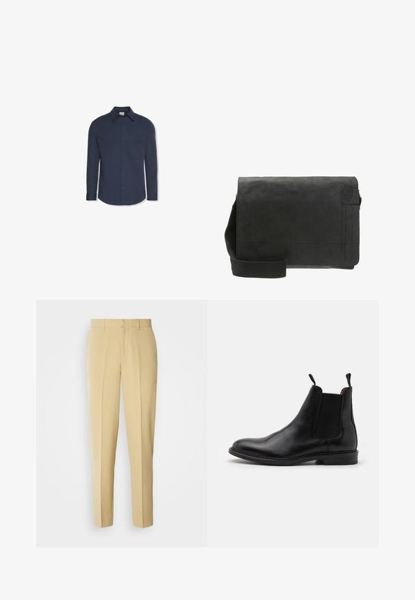 Marineblaues Hemd mit langen Ärmeln, Knöpfen, Kragen und Manschetten, mit einem Calvin Klein Etikett im Kragen.; Beige maßgeschneiderte Hose mit geradem Schnitt, flachem Frontteil und seitlichen Taschen. Hergestellt aus einem glatten Stoff mit leichtem Glanz.; Schwarze Leder-Chelsea-Stiefel mit elastischen Seitenpanels, runder Zehenkappe, Zuglaschen und einem niedrigen, gestapelten Absatz. Glatte Textur und klassisches Design.; Schwarze Leder-Umhängetasche mit glatter Textur, Klappenverschluss, verstellbarem Stoffgurt und dezent eingeprägtem Logo auf der Vorderseite.