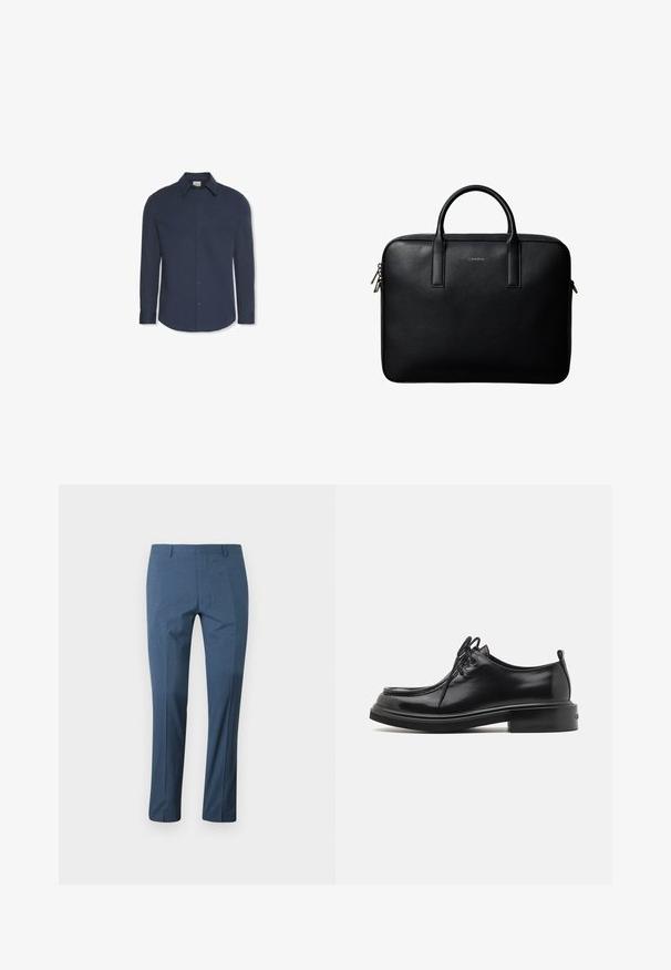 Camisa azul marino de manga larga con botones, cuello y puños, con una etiqueta de Calvin Klein dentro del cuello.; Pantalones a medida para hombre de color azul con trabillas para cinturón y corte ajustado, mostrados planos sobre un fondo blanco.; Calvin Klein LACE UP APRON BRUSH OFF - Zapatos de vestir - black; Maletín de cuero negro texturizado con doble asa y tiradores de cremallera plateados, centrado sobre fondo blanco.