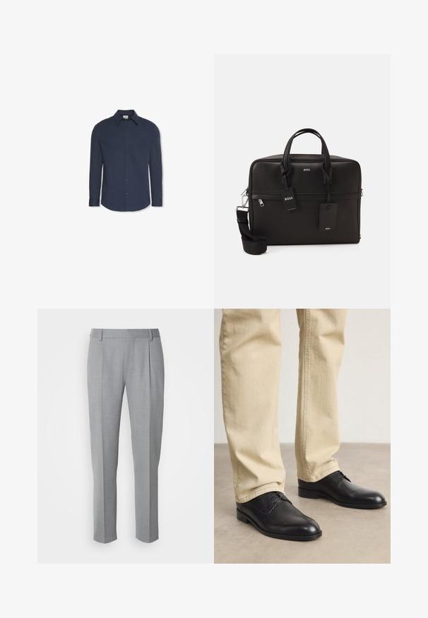 Marineblaues Hemd mit langen Ärmeln, Knöpfen, Kragen und Manschetten, mit einem Calvin Klein Etikett im Kragen.; Grau zugeschnittene Hosen mit glatter Textur, flachem Frontbereich, geraden Beinen und dezenten Falten für zusätzliche Details.; Schwarze Leder Schnürschuhe mit runder Zehenform, glatter Oberfläche und dezenten Nähdetails, getragen mit hellbeigen Hosen.; Schwarze Laptoptasche mit strukturierter Oberfläche, doppelten Griffen, abnehmbarem Schultergurt und Metallbeschlägen. Verfügt über zwei Anhänger und ein strukturiertes Design.