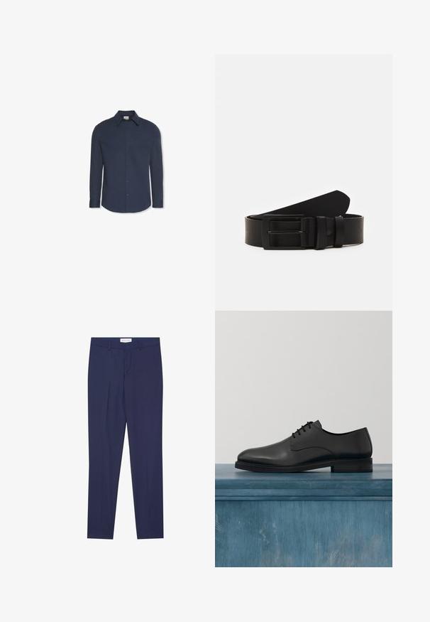 Camisa azul marino de manga larga con botones, cuello y puños, con una etiqueta de Calvin Klein dentro del cuello.; Pantalones de vestir de color navy, confeccionados en una tela suave, con un corte plano en la parte delantera, dos bolsillos laterales, cremallera y dobladillo limpio sin patrones ni acentos.; Zapato de vestir de cuero negro con una superficie lisa, diseño de cordones, punta redondeada y un ribete cosido en contraste alrededor de la suela.; Cinturón de cuero negro enrollado con una hebilla metálica rectangular negra mate y dos trabillas sobre un fondo blanco.