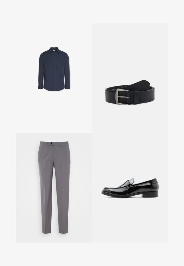 Marineblaues Hemd mit langen Ärmeln, Knöpfen, Kragen und Manschetten, mit einem Calvin Klein Etikett im Kragen.; Graue maßgeschneiderte Hose mit glatter Textur, geradem Bein Design, einfacher Knopfverschluss und vorderen Taschen. Keine sichtbaren Muster oder Akzente.; Schwarzer Lackleder-Herrenschuh mit niedrigem Absatz, rundem Zehenbereich und Riemendetail über dem Spann vor weißem Hintergrund.; Schwarzer Ledergürtel mit einer silbernen Metallschnalle, verfügt über eine glatte Oberfläche und ein klassisches Design. Der Gürtel ist aufgerollt, mit dem Ende nach oben gerichtet.