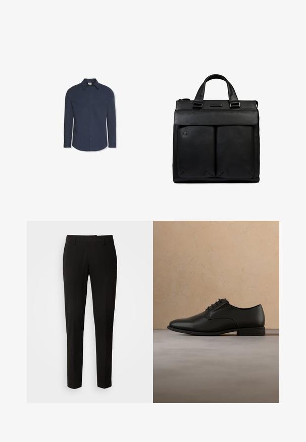 Camisa azul marino de manga larga con botones, cuello y puños, con una etiqueta de Calvin Klein dentro del cuello.; Pantalones negros con un diseño de pierna recta, con cierre de botón, trabillas para cinturón y una textura de tela suave. Sin patrones ni acentos visibles.; Zapato Oxford de vestir de cuero negro con cordones, suspendido en el aire sobre una alfombra beige en un ambiente minimalista.; Maletín de cuero negro texturizado con dos bolsillos delanteros, asas superiores y cierre de cremallera sobre un fondo blanco.