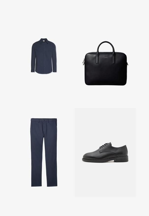 Marineblaues Hemd mit langen Ärmeln, Knöpfen, Kragen und Manschetten, mit einem Calvin Klein Etikett im Kragen.; Marineblaue gerade geschnittene Hose mit Knopf- und Reißverschluss, Gürtelschlaufen und Seitentaschen.; Schwarze Leder-Oxfordschuhe mit runder Zehenform, glatter Oberfläche, fünf Ösen für die Schnürung und niedrigem, gestapeltem Absatz.; Schwarze Lederaktentasche mit zwei Griffen, rechteckiger Form und silbernen Reißverschlusszippern, mit einem kleinen eingeprägten Logo in der Mitte.