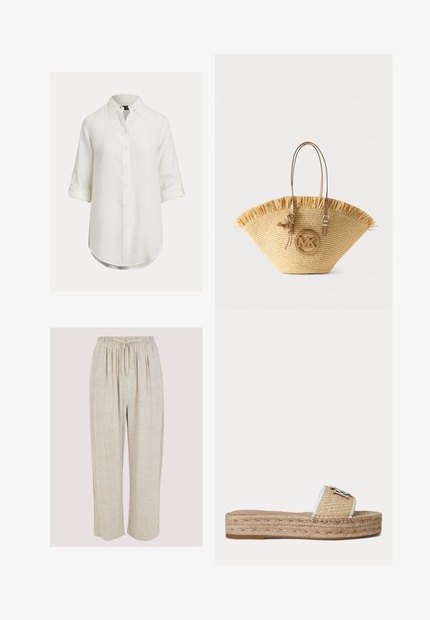 Hvid hørskjorte med knaplukning, lange ærmer rullet op, buet kant og klassisk krave. Diskret tekstur, blødt stof.; Beige linnedragter med bred ben-design, elastisk talje og snøre. Glat tekstur med subtile nubret gennem stoffet.; Flad slidssandal med vævet jutebund og beige tekstureret rem med lille sølv dekorativt emblem.; Stor vævet stråtaske med lysebrune læderhåndtag, frynset topkant og rund MK-logo-charme, der hænger foran.