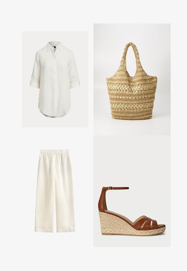Hvid hørskjorte med knaplukning, lange ærmer rullet op, buet kant og klassisk krave. Diskret tekstur, blødt stof.; GANT BLEND PULL ON PANTS - Bukser - eggshell; Brune læder wedge sandaler med ankelrem, der har en vævet jutesål og krydset remdesign. Holdbare og strukturerede materialer.; Vævet stråtaske med dobbelte håndtag, der har et tekstureret, åbent vævemønster og en naturlig beige farve, velegnet til afslappet brug.