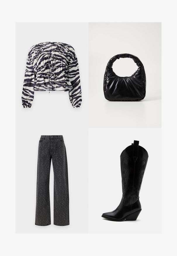 Valge ja tumesinise zebra mustriga lühendatud pluus, millel on volditud disain, pikad varrukad ja paelad esitise ning vöökoha juures.; Noisy May Rhinestone - Avar lõikega teksad - black denim; Mustast nahast kauboi saabas terava varbaosaga, kaldus kand, dekoratiivse õmblusega ning nööpidega üleval valge tausta peal.; Must mustaga, millel on ümar käepide, särav ja sile pind ning pehme quiltitud tekstuur. Nähtavaid metallosi ega aktsente ei ole.