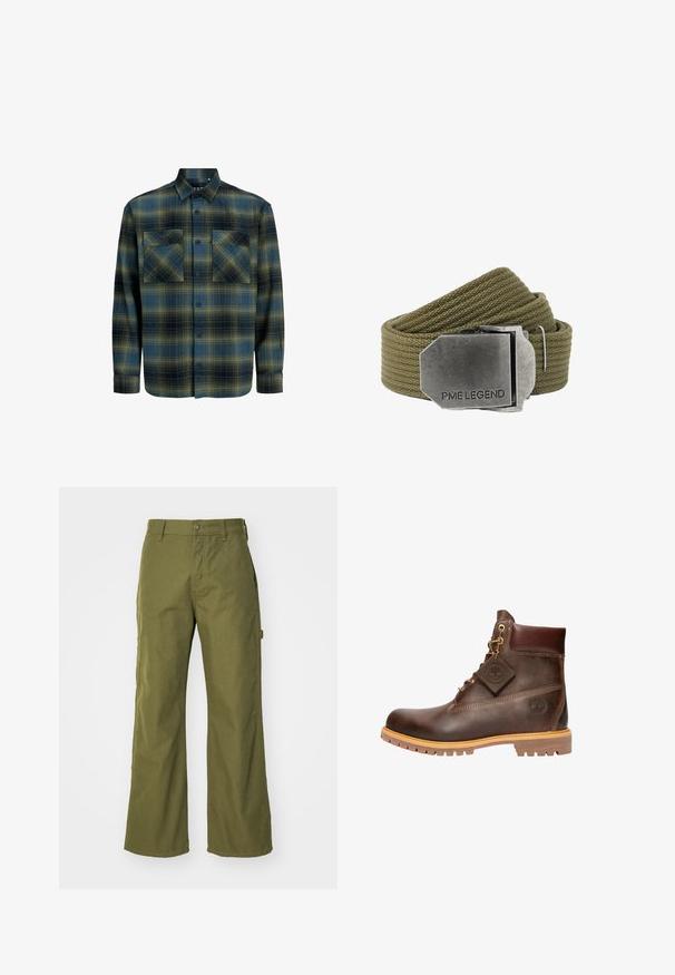 Chemise en flanelle à carreaux vert foncé et bleu marine. Dotée d'un col boutonné, de deux poches thoraciques et de manches longues avec poignets à boutons.; Pantalons larges vert olive en tissu durable, dotés d'une fermeture à bouton, de poches latérales et d'un design à ourlet droit.; Bottine en cuir marron avec un bout rond, une semelle robuste, des éléments en doré et un dessus texturé. Comprend une étiquette de logo attachée.; Ceinture en tissu tissé vert olive avec une grande boucle rectangulaire en métal brossé gravée de "PME LEGEND".