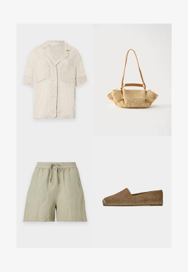Kortærmet skjorte med knaplukning i lys beige med diamantmønster, to brystlommer og slå-krave. Glat stofstruktur.; Lyse beige afslappede shorts med elastisk linning og forbundet snøre foran, vist fladt på en hvid baggrund.; Brun ruskind slip-on espadrillo sko med flettet detalje langs sålen, flad hæl og rundet tå på hvid baggrund.; Vævet beige håndtaske med en lang tynd strop og opsamlede sider, med et kort håndtag indpakket i læder til forskellige bære muligheder.