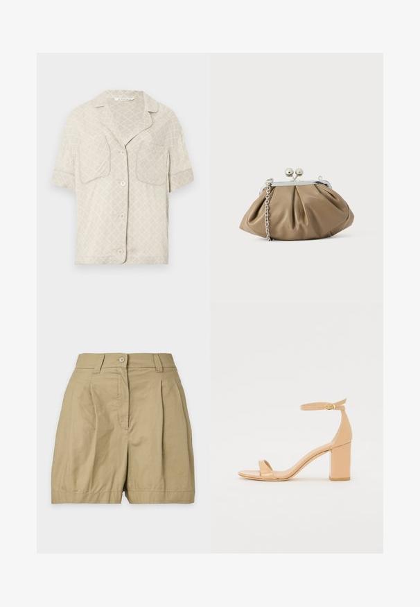 Chemise à manches courtes boutonnée en beige clair avec un motif en losange, deux poches poitrine et un col en V. Texture de tissu lisse.; Short beige taille haute avec fermeture par bouton et zip, passants de ceinture et plis sur le devant, présenté sur un fond uni.; Sandales à talons en cuir verni nude avec un orteil carré, une sangle à la cheville et un talon bloc chunky. Texture lisse et détails de design minimalistes.; Pochette en cuir beige clair à la forme arrondie, texture plissée, fermeture à verrou argentée et bandoulière chaîne amovible.
