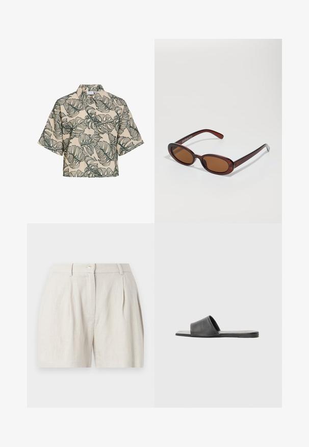 Chemise beige à manches courtes boutonnée, imprimé de grandes feuilles tropicales vertes et col montant.; Short en lin crème taille haute avec plis devant, poches latérales, passants de ceinture et fermeture par bouton.; Sandale à glisser en cuir noir avec une large sangle unique et une semelle plate, présentant une texture lisse et un design minimaliste.; Lunettes de soleil rondes teinte brun avec une monture bordeaux brillante. Branches fines avec un détail de marque subtil. Design de verres plats.