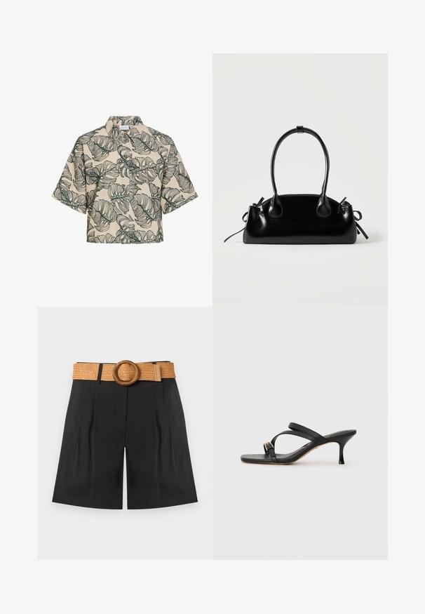 Chemise beige à manches courtes boutonnée, imprimé de grandes feuilles tropicales vertes et col montant.; Short noir taille haute avec plis à l'avant et une large ceinture tissée de couleur fauve avec une grande boucle ronde en bois.; Sandales à talons noirs avec un bout carré, deux brides croisées, accent de boucle dorée et un fin talon haut. Texture en cuir lisse.; Petit sac à main noir brillant avec deux longues anses et des détails à cordon sur les côtés sur un fond clair uni.