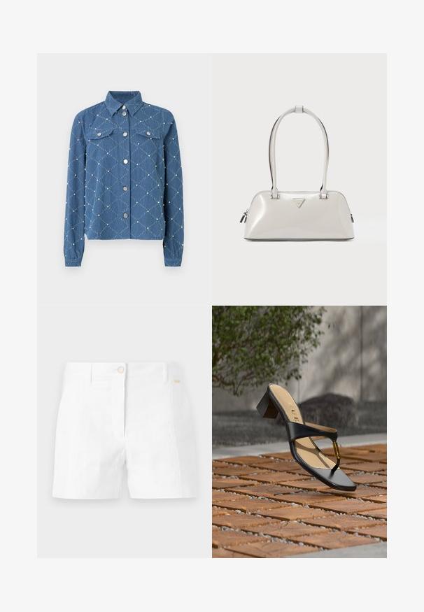 Veste en denim avec un motif en losanges, de couleur bleu clair, boutons pression métalliques, deux poches poitrine et accents texturés de petites perles blanches.; Shorts en coton blancs avec une coupe droite, dotés d'une fermeture à bouton sur le devant et de poches latérales. Texture lisse avec un minimum de détails.; Sandale noire à talon avec boucle pour l'orteil et accent doré, placée sur une surface pavée en bois et pierre en extérieur près de la verdure.; Sac à main gris clair brillant de forme arrondie, avec deux poignées et un logo triangulaire. Il dispose d'une fermeture éclair et de détails métalliques.
