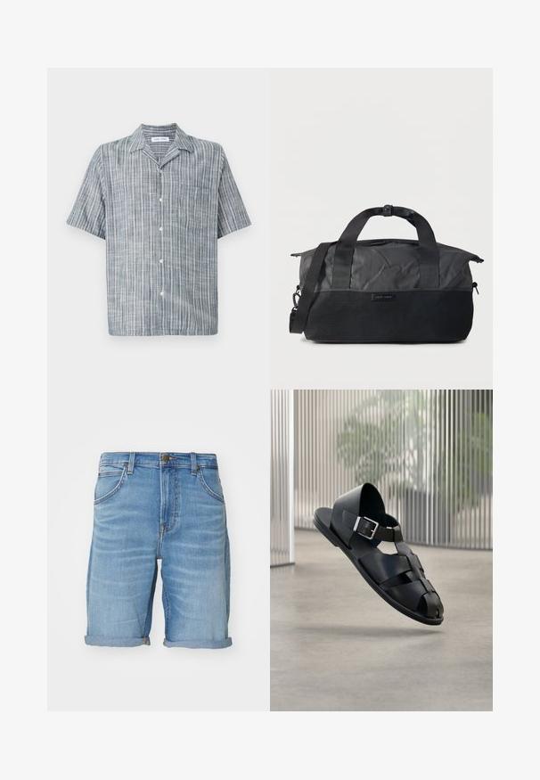 Lühikeste varrukatega nööpidega pluus helesiniste ja valgete triipudega, valmistatud kergetest materjalidest, millel on krae ja rinnatasku.; Heledad sinised denim lühikesed püksid, millel on mugav lõige, rullitud ääred, esipockets ning klassikaline viie taskuga disain kontrastsete õmblustega.; Meeste must nahast sandaal hõbedase pandlaga, avatud varbaga disain, hõljub sileda betoonpõranda kohal.; Mustast kangast spordikott tõmblukuga ülaservas, võrgust esitasku, kaks kandekäepidet presslukuga ja reguleeritav õlarihm valgel taustal.