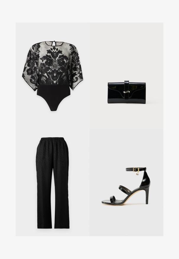 Body negro transparente con estampado de encaje floral en las mangas largas y la parte superior del cuerpo, parte inferior negra sólida y pequeño cierre con botón en la espalda.; Pantalones negros de cintura elástica con un diseño texturizado que presenta un patrón sutil, forma de pierna recta y un tejido ligero.; Sandalia de charol negro con tres correas, hebilla en el tobillo y tacón de aguja de 10 cm. Presenta detalles de hardware en oro y un charm con el logo.; Cartera rectangular negra y brillante con una correa frontal y cierre de broche metálico plateado, colocada sobre un fondo blanco liso.