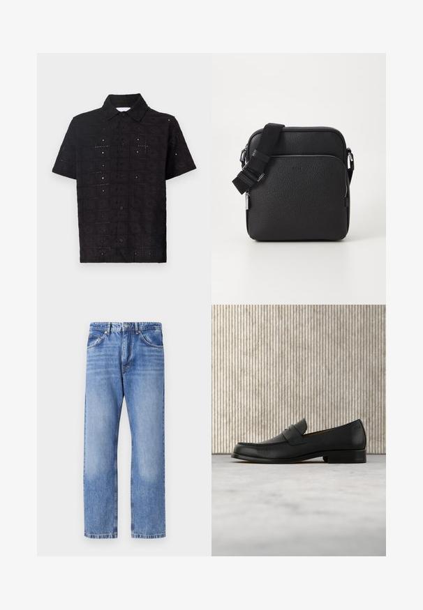Camisa de manga corta negra hecha de tela texturizada, con un patrón floral bordado y un cuello con botones.; Jeans de mezclilla azul claro con un diseño de pierna recta, cinco bolsillos, costuras en contraste y un acabado ligeramente desgastado. Cierre de botón y cremallera.; Zapato mocasín de cuero negro flotando sobre una alfombra beige con una mesa redonda marrón brillante al fondo.; Bolso cruzado de cuero negro con una superficie texturizada, que presenta un bolsillo con cremallera en la parte frontal, correa ajustable y acentos de hardware metálico.