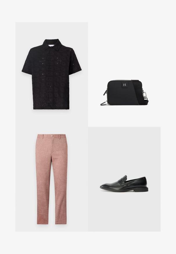 Camisa de manga corta negra hecha de tela texturizada, con un patrón floral bordado y un cuello con botones.; Pantalones de tejido texturizado rojo con diseño de pierna recta, bolsillos frontales y cierre de botón. La tela presenta un patrón tejido para un detalle añadido.; Mocasines de piel negra con textura suave, punta afilada y un bajo tacón rectangular. Presentan un detalle de cinta horizontal en la parte superior.; Bolso rectangular negro hecho de material texturizado, con cierre de cremallera, correa ajustable y un parche con el logotipo en la parte frontal.