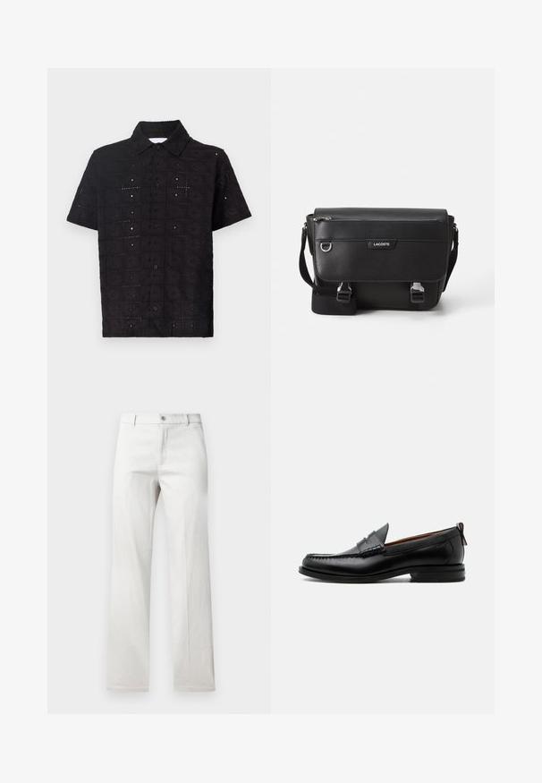Camisa de manga corta negra hecha de tela texturizada, con un patrón floral bordado y un cuello con botones.; Pantalones grises claros con un diseño de pierna recta, fabricados en una tela suave, con cierre frontal de botón y bolsillos laterales.; Mocasín de hombre de piel negra con costura moc toe, tira penny, cuello texturizado y tacón bajo apilado sobre fondo blanco.; Bolso mensajero Lacoste negro texturizado con correa ajustable, tapa frontal, bolsillo con cremallera y cierres de hebilla metálica.
