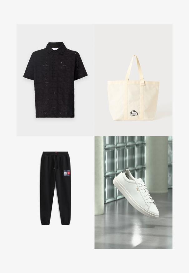 Kortærmet sort skjorte lavet af tekstureret stof, med et broderet blomsterdesign og en krave med knaplukning.; Sorte sweatpants lavet af blødt stof, med en elastisk talje og snor, samt et logo i blå, rød og hvid på venstre ben.; Hvid læder lav-top sneaker med snørebånd, sort hælflig og "BOSS"-logo, svævende indendørs nær glasblok væg og poleret gulv.; Beige Lacoste tote taske med to håndtag og en sort-hvid krokodille logo lap foran i midten.