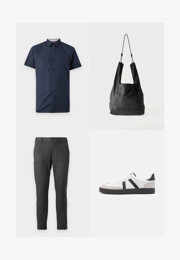 Korte mouw blouse van marineblauwe stof met een wit stippenpatroon, met een knoopsluiting aan de voorkant en een klassieke kraag.; Only & Sons ONSMARK Slim Fit - Chino - coffee bean; Witte sneaker met zwarte en grijze accenten, voorzien van een grijze neus met textuur, zwarte rubberen zool en platte witte veters. Schoon ontwerp, minimalistische stijl.; Zwart zachte stoffen draagtas met brede handvatten en een dunne zwart-witte gevlochten schouderriem.