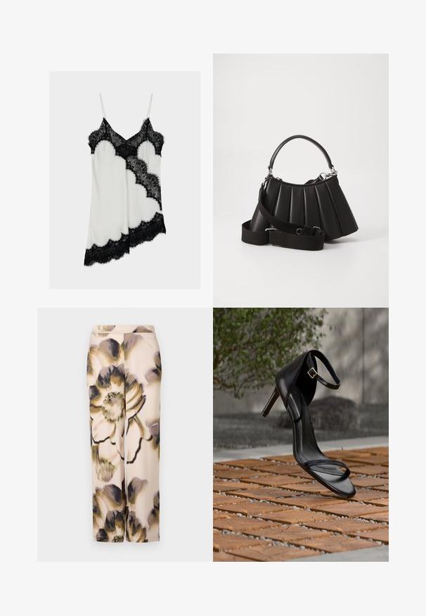 Robe nuisette en satin blanc avec bordure en dentelle noire sur le décolleté, l'ourlet et le devant, avec fines bretelles et motif de dentelle asymétrique.; Pantalons à jambes larges avec motif floral en tissu doux, arborant de grandes fleurs noires et beiges sur fond clair, avec une texture lisse.; Sandale noire à talon haut avec sangle à la cheville, suspendue au-dessus d'un sol en carreaux de bois à l'extérieur, avec un arrière-plan flou de verdure et de pierre.; Sac à main plissé noir avec une poignée arrondie, une bandoulière réglable et une texture brillante. Présente des accessoires en argent et une silhouette structurée.