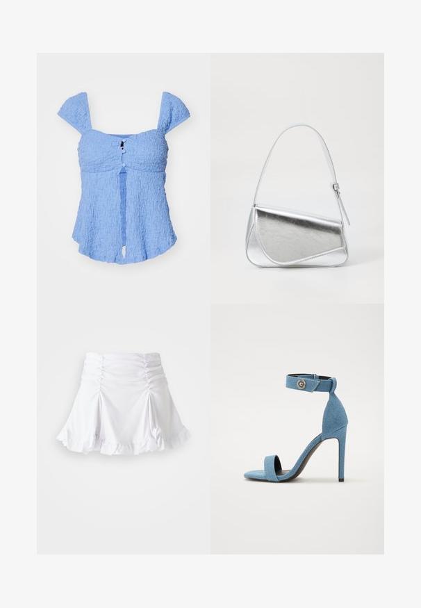 Haut en bleu clair, texturé, avec des manches bouffantes, une ouverture en clé et des détails de boutons à l'avant. Tissu doux et silhouette décontractée.; Jupe blanche en tissu texturé avec des détails froncés et un ourlet volanté. Présente un design évasé avec une taille ajustée.; Sandale à talon haut en denim bleu avec une bande de cheville et une fermeture à bouton. Caractéristiques d'un bout carré et d'une semelle noire pour le contraste.; Sac à main en métal argenté de forme triangulaire, texture lisse et fine bandoulière réglable. Présente un design rabat avec couture.