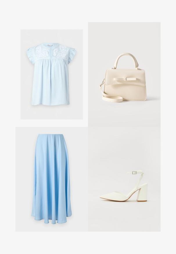 Blouse bleu clair à manches courtes avec manches à volants, broderie florale blanche sur la poitrine et une petite ouverture en V.; Jupe bleu clair longue jusqu'au sol, taille haute, avec de doux plis et une texture de tissu fluide et lisse.; Sandale blanche à talon avec un bout pointu, sangle de cheville réglable et un talon carré épais. Texture lisse avec des détails de couture minimaux.; Petit sac à main beige avec poignée supérieure, bandoulière amovible, rabat avant et nœud horizontal décoratif sur un fond uni.